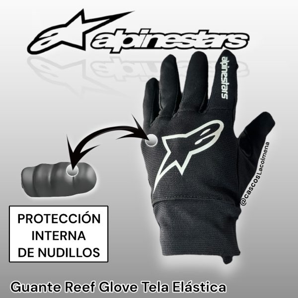Guante Alpinestars Reef, construcción de una sola capa para altos niveles de transpiración y comodidad. Construcción de tejido elástico para un peso reducido y altos niveles de transpirabilidad. Palma de ante sintético para mayor resistencia a la abrasión. Horquillas elásticas para optimizar la flexibilidad y la transpirabilidad.