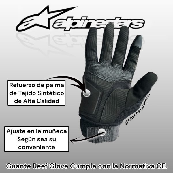 Guante Alpinestars Reef, construcción de una sola capa para altos niveles de transpiración y comodidad. Construcción de tejido elástico para un peso reducido y altos niveles de transpirabilidad. Palma de ante sintético para mayor resistencia a la abrasión. Horquillas elásticas para optimizar la flexibilidad y la transpirabilidad.